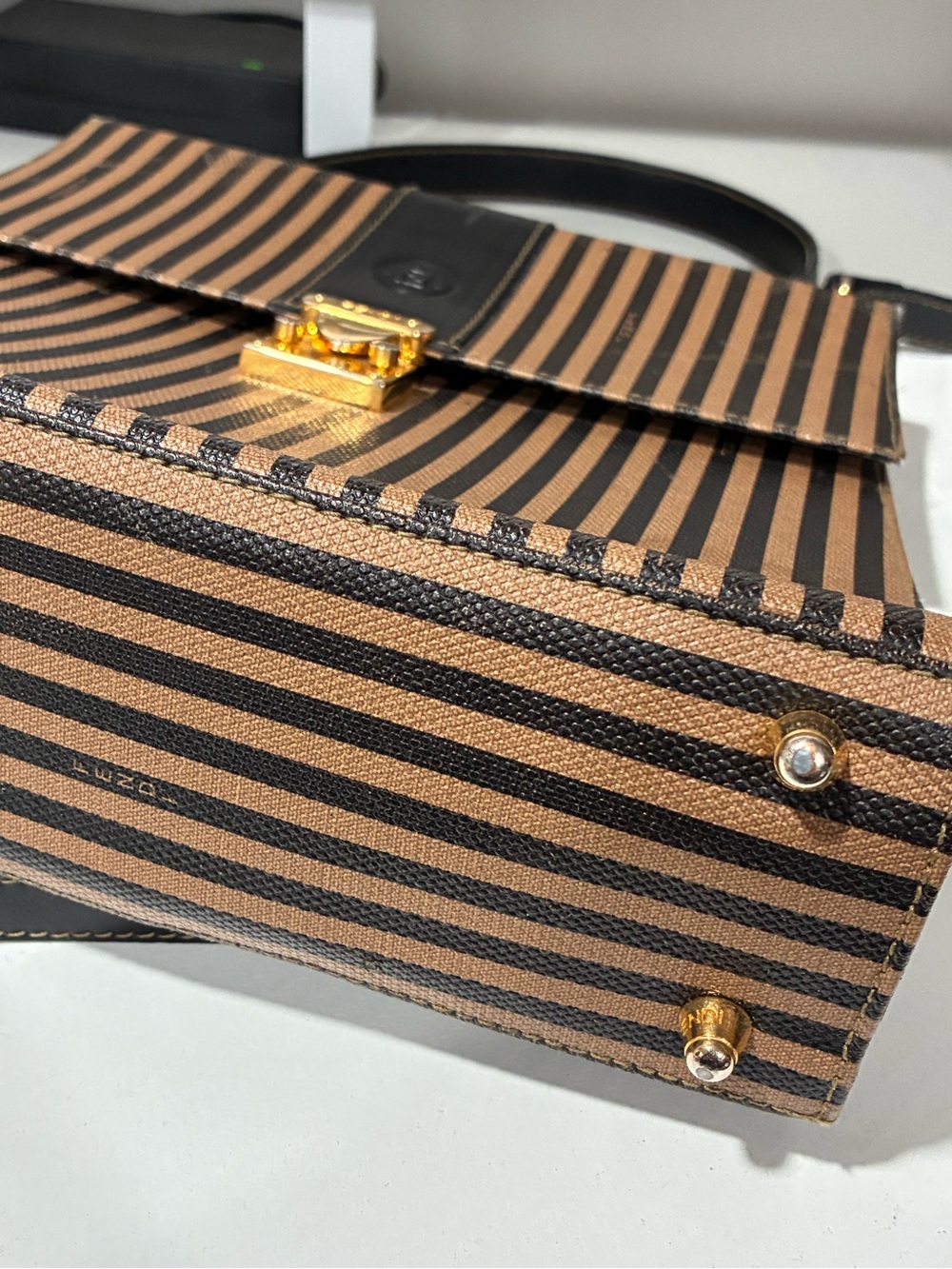 Fendi Pequin Vintage Top Handle Black Brown Striped Crossbody Bag - Picture 4 of 8